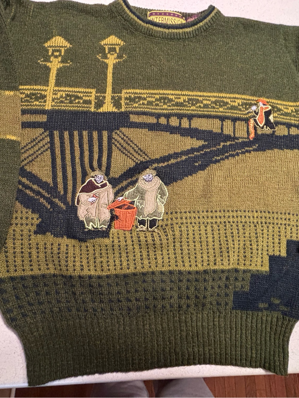 Vintage wool blend Olive Green Graphic Knit Sweater -large
